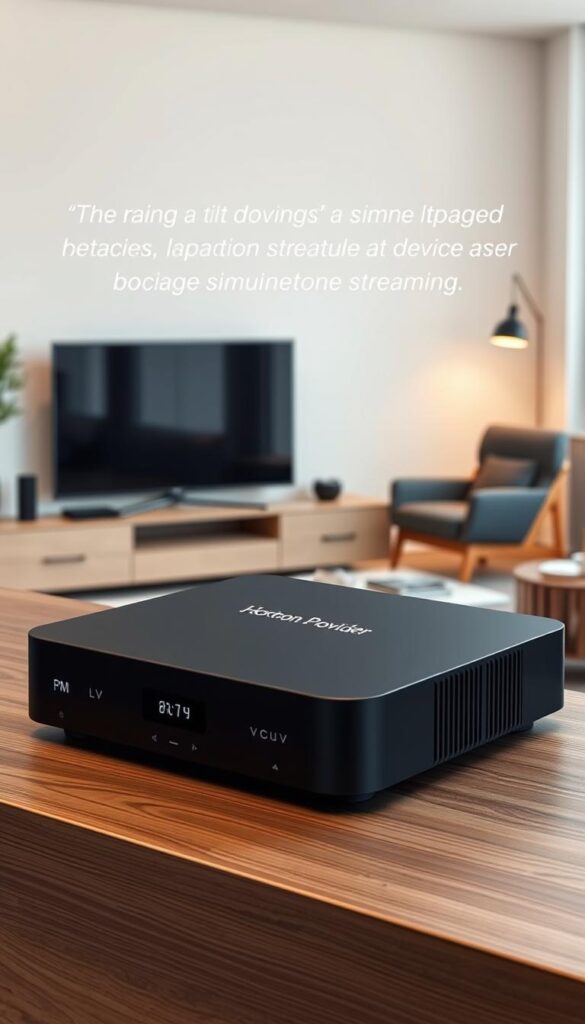 A sleek and modern IPTV box sitting atop a wooden surface, its minimalist design and matte black finish exuding a premium look. The device is prominently displayed, with a crisp and detailed rendering showcasing its clean lines and tactile controls. In the background, a minimalist living room setting with a large flat-screen TV and a cozy armchair, creating a stylish and inviting atmosphere. The lighting is soft and warm, casting a gentle glow on the IPTV box, which bears the "Hoxtoon Provider" branding, highlighting its compatibility with a wide range of devices and ability to support simultaneous streaming.