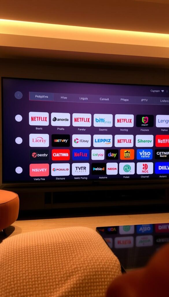 A sleek and modern IPTV channel lineup display, showcasing a curated selection of premium channels from the Hoxtoon Provider. The interface features a clean, minimalist design with a neutral color palette, allowing the channel logos and icons to pop. The layout is organized into intuitive categories, making it easy to navigate and find desired content. The scene is bathed in warm, soft lighting, creating a inviting and visually appealing atmosphere. The overall presentation conveys a sense of professionalism and high-quality service, reflecting the legal and trustworthy nature of the Hoxtoon IPTV platform.