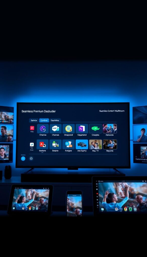 A sleek and modern IPTV dashboard displayed on multiple screens, showcasing the features of a premium "Hoxtoon Provider" multiroom service. In the foreground, a large central screen displays a comprehensive menu of live TV channels, on-demand content, and advanced recording options. Surrounding it, smaller screens depict seamless content mirroring across various devices, including tablets and smartphones, conveying the service's multiroom capabilities. The scene is bathed in a cool, bluish lighting that enhances the high-tech ambiance, while the layout and design elements evoke a sense of elegance and professionalism. The overall composition highlights the sophisticated, feature-rich nature of the Hoxtoon Provider's multiroom IPTV offering.