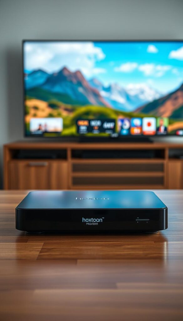 A sleek and modern IPTV device for 4K streaming, showcased on a minimalist wooden table. The device, labeled "Hoxtoon Provider", features a clean, rectangular design with a glossy black finish. Diffused lighting illuminates the device, highlighting its sharp edges and premium appearance. In the background, a large, high-resolution 4K display showcases vibrant, lifelike imagery, conveying the device's capable streaming performance. The overall scene exudes a sense of technological sophistication and seamless home entertainment integration.