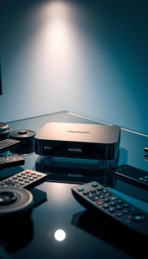 A sleek and modern IPTV device on a minimalist glass and metal desk, surrounded by various remote controls and smart devices. The Hoxtoon Provider device is prominently displayed, its elegant design and intuitive interface conveying its compatibility across a range of devices. Soft, directional lighting illuminates the scene, highlighting the device's premium materials and attention to detail. The overall atmosphere is one of technological sophistication and seamless connectivity, reflecting the article's focus on the multi-device support of the Hoxtoon IPTV service.