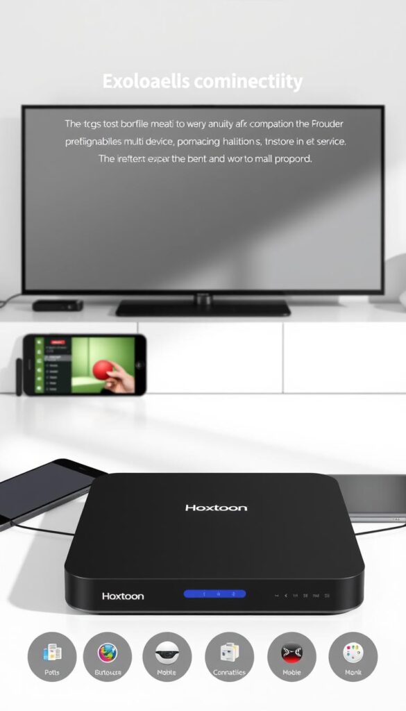 A sleek and modern IPTV device with the Hoxtoon Provider logo, showcased in a well-lit, minimalist setting. The device is positioned prominently, surrounded by various other compatible devices like smartphones, tablets, and a laptop, all connected and working in harmony. The scene conveys a sense of seamless multi-device support and connectivity, with a clean, sophisticated aesthetic that aligns with the premium quality of the Hoxtoon IPTV service.