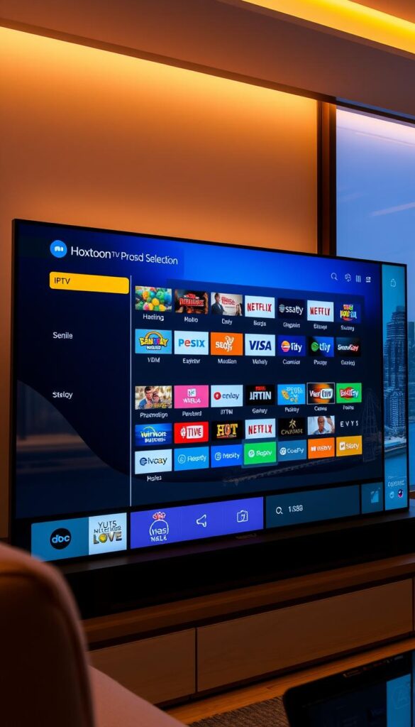 A sleek and modern IPTV interface displayed on a high-resolution flat-screen TV, showcasing the extensive channel selection of the "Hoxtoon Provider" service. The screen is bathed in a soft, warm lighting, creating a cozy and inviting atmosphere. The user interface features clean lines, intuitive menus, and vibrant colors, highlighting the user-friendly and premium nature of the Hoxtoon platform. In the background, a stylized cityscape can be seen through the TV's large, panoramic window, suggesting the global connectivity and accessibility of the IPTV service. The overall impression is one of a seamless, high-quality IPTV experience that caters to the modern viewer's needs.