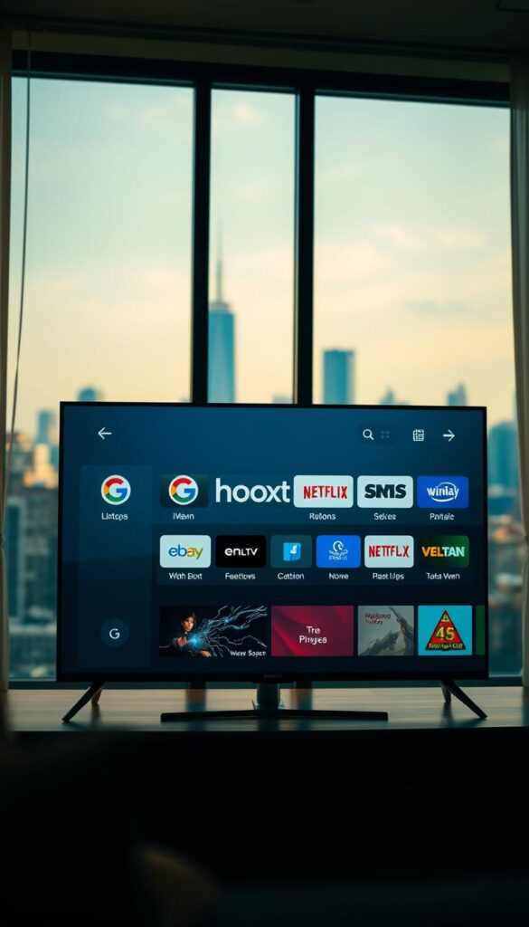 A sleek and modern IPTV interface showcasing a variety of Google TV channels, with the Hoxtoon Provider logo prominently displayed. The screen is bathed in a warm, soft light, creating a cozy and inviting atmosphere. The channel icons are crisp and vibrant, arranged in a clean, grid-like layout that is easy to navigate. In the background, a blurred cityscape can be seen through a large window, adding depth and a sense of connectivity to the scene. The overall impression is one of a seamless, user-friendly IPTV experience on the Google TV platform.