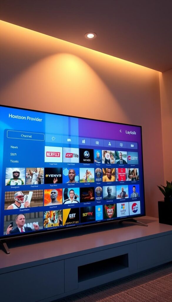 A sleek and modern IPTV interface, showcasing a wide selection of content categories on the Hoxtoon Provider platform. The screen displays a grid of high-definition channel thumbnails, each representing a distinct genre or topic, such as news, sports, movies, and entertainment. The layout is clean and intuitive, with a stylish color scheme and subtle branding elements. Subtle lighting from above casts a warm, inviting glow, creating a sense of depth and drawing the viewer's attention to the vibrant, crisp imagery. The overall scene conveys a sense of technological sophistication and content-rich, user-friendly experience.