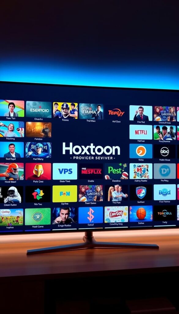 A sleek and modern IPTV interface, showcasing the vast Hoxtoon Provider channel lineup. A clean, minimalist display with animated tiles representing a diverse array of live channels, from news and sports to movies and entertainment. The interface is bathed in a soft, ambient glow, creating a visually striking and inviting atmosphere. The Hoxtoon Provider logo is prominently displayed, conveying a sense of quality and reliability. The overall impression is one of a comprehensive, high-quality IPTV service with an intuitive and visually appealing user experience.