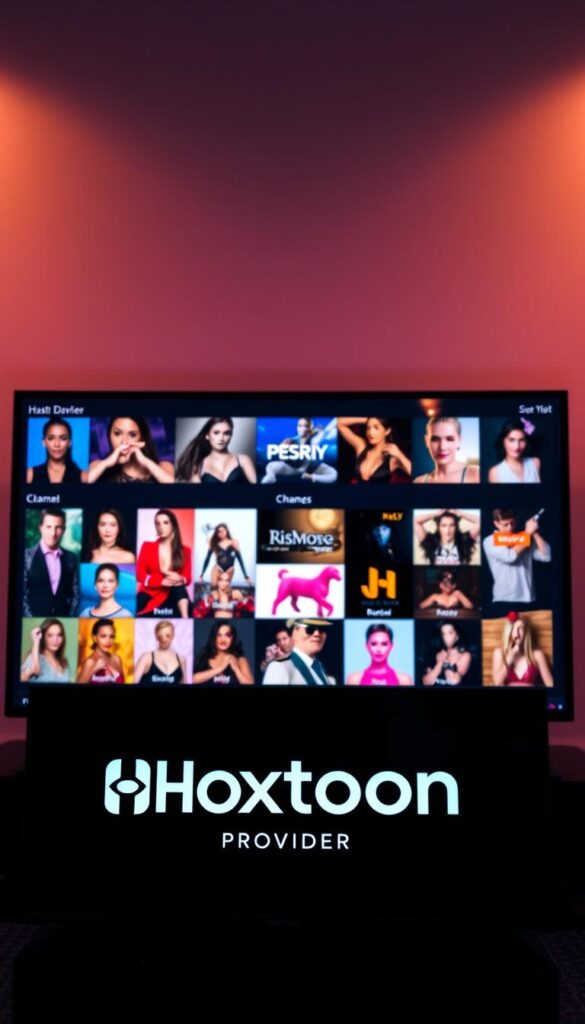 A sleek and modern IPTV package featuring a vibrant selection of adult entertainment channels. In the foreground, a high-resolution display showcases the Hoxtoon Provider logo, conveying a sense of professionalism and reliability. The middle ground presents a grid of channel icons, each one distinct and alluring, hinting at the diverse content available. The background is a stylish gradient, lending an air of sophistication and exclusivity to the overall scene. Soft, warm lighting illuminates the package, creating a welcoming and inviting atmosphere. The composition is balanced and visually striking, capturing the essence of a premium IPTV service catering to adult audiences.