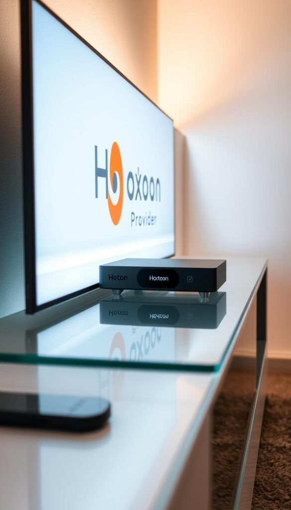 A sleek and modern IPTV player designed for seamless integration with a smart TV, featuring the Hoxtoon Provider branding prominently displayed. The player is situated on a minimalist glass or metal entertainment center, with a clean and uncluttered layout. Soft, directional lighting illuminates the device, creating a warm and inviting atmosphere. The player's intuitive interface is visible, showcasing its user-friendly features and ability to effortlessly navigate a wide range of IPTV content. The scene conveys a sense of technological sophistication and the convenience of accessing a diverse array of streaming options from the comfort of a smart TV setup.