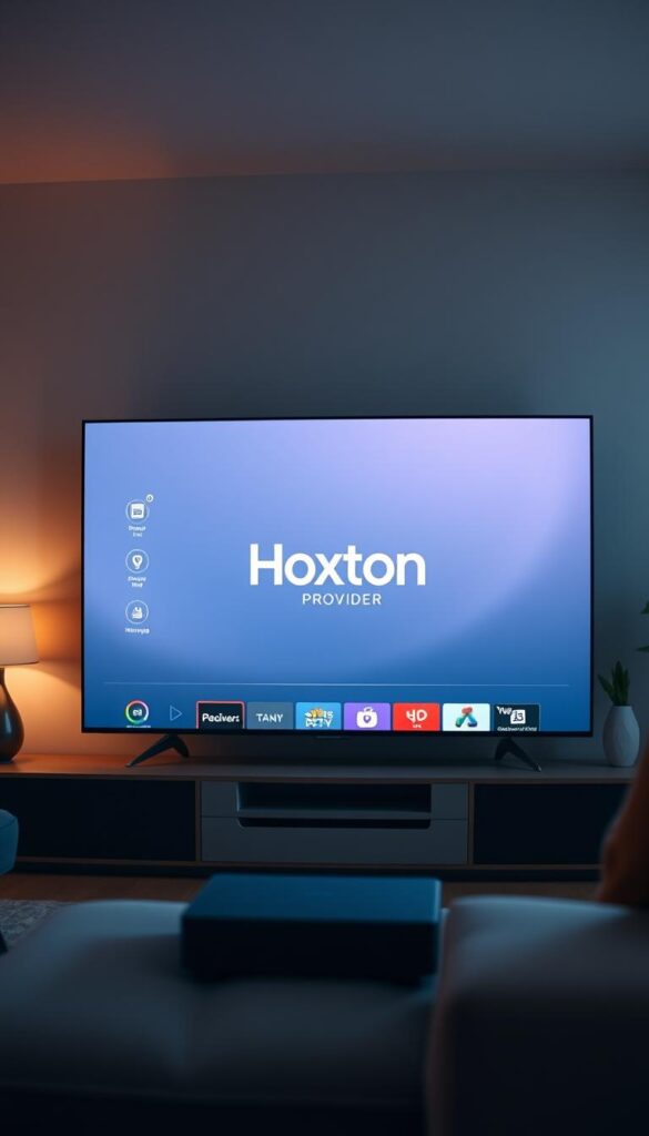 A sleek and modern IPTV player interface for Android TV, showcased on a large flat-screen display. The player's UI features a clean, minimalist design with intuitive navigation controls. The screen displays a prominent "Hoxtoon Provider" logo, hinting at the IPTV service integration. Soft, ambient lighting creates a cozy, living room atmosphere, with subtle shadows and highlights accentuating the device's elegant curves. The scene conveys the growing popularity of IPTV as a convenient, cable-free entertainment solution for modern Android TV users.