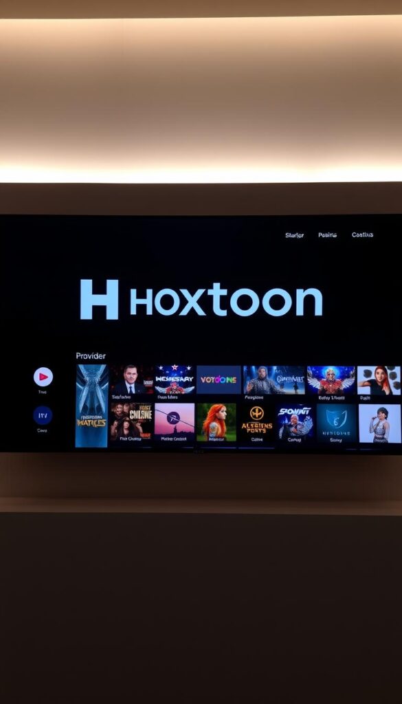 A sleek and modern IPTV provider interface, showcasing the Hoxtoon Provider brand. The screen displays a clean, minimalistic design with intuitive navigation menus, featuring high-definition content thumbnails against a dark, minimalist background. The interface is illuminated by soft, directional lighting, creating a stylish and professional atmosphere. The overall composition emphasizes the user-friendly and premium nature of the Hoxtoon IPTV service, hinting at its reliable performance and extensive content library.