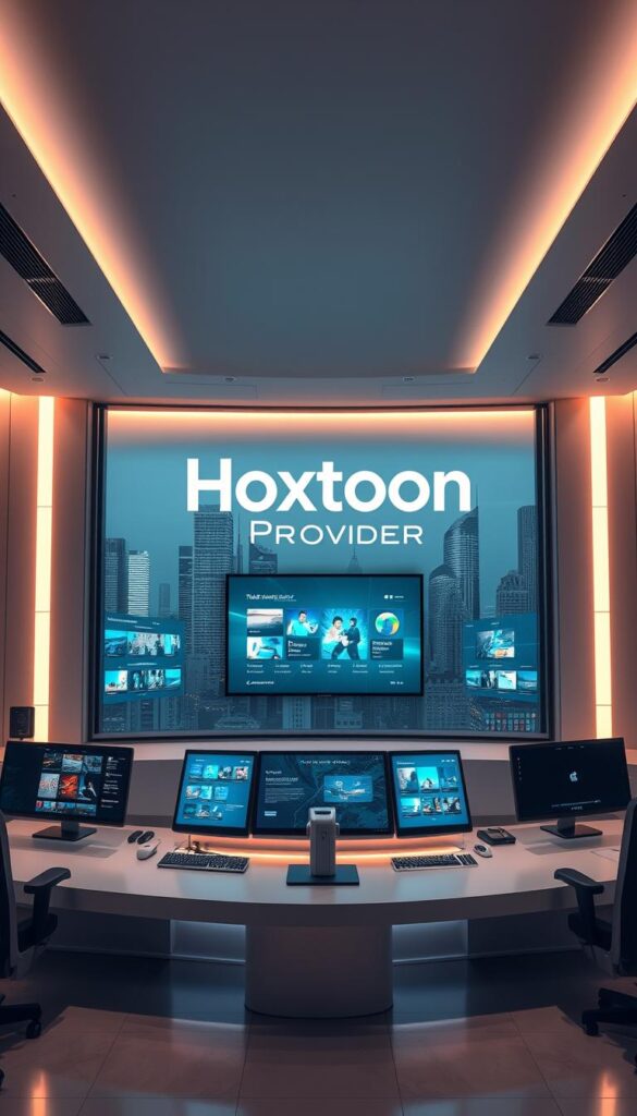 A sleek and modern IPTV service hub, with the Hoxtoon Provider logo prominently displayed. The scene depicts a minimalist control center, with multiple holographic displays showcasing a range of IPTV content and service options. Soft, ambient lighting casts a warm glow, while the background features a cityscape of futuristic skyscrapers. The overall atmosphere conveys a sense of technological innovation and advanced media delivery in the year 2025.
