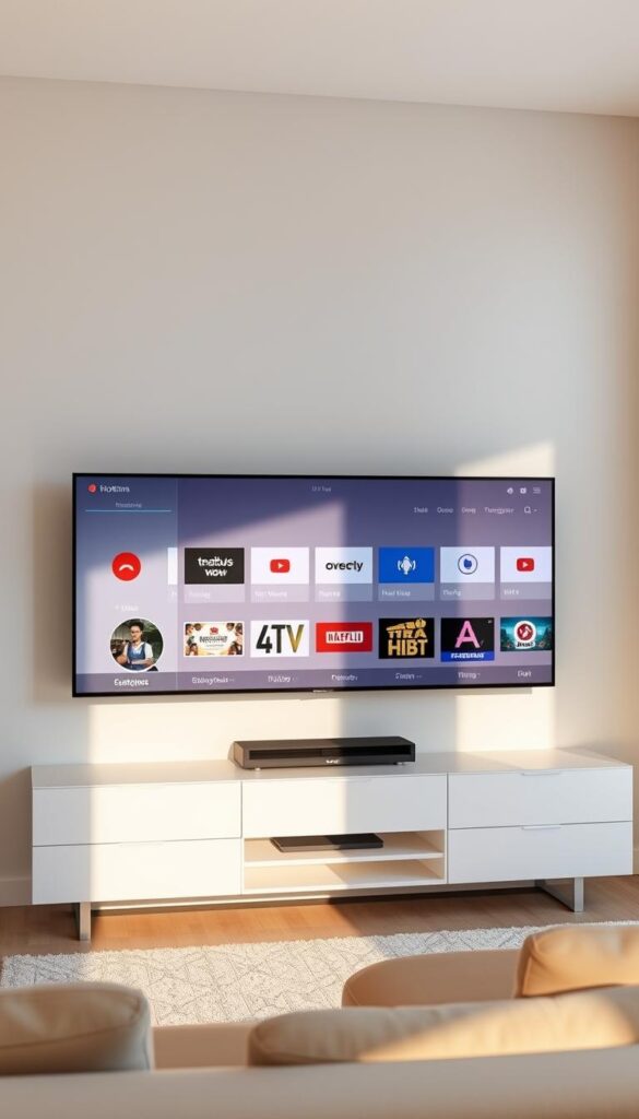 A sleek and modern IPTV service interface for Google TV, displayed on a large flat-screen television in a minimalist living room setting. The screen showcases the Hoxtoon Provider brand, prominently featured with a clean, elegant logo. The interface is intuitive and user-friendly, with clear category icons and a visually appealing grid layout. Soft, diffused lighting from a nearby window creates a warm, inviting atmosphere, while the room's neutral color palette and sparse decor allow the television screen to take center stage. The overall scene conveys a sense of simplicity, technology, and seamless integration of IPTV and Google TV.