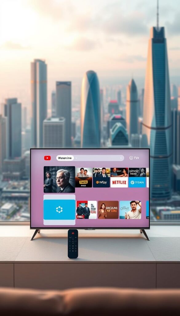 A sleek and modern IPTV service interface, showcasing the Hoxtoon Provider brand. In the foreground, a minimalist TV display presents a curated selection of live channels and on-demand content, with intuitive navigation controls. The middle ground features a stylized remote control, hinting at the seamless user experience. In the background, a vibrant cityscape with towering skyscrapers and a bustling urban atmosphere, conveying the global reach and connectivity of the IPTV service. Soft, warm lighting and a clean, sophisticated color palette create a sense of professionalism and technological innovation.