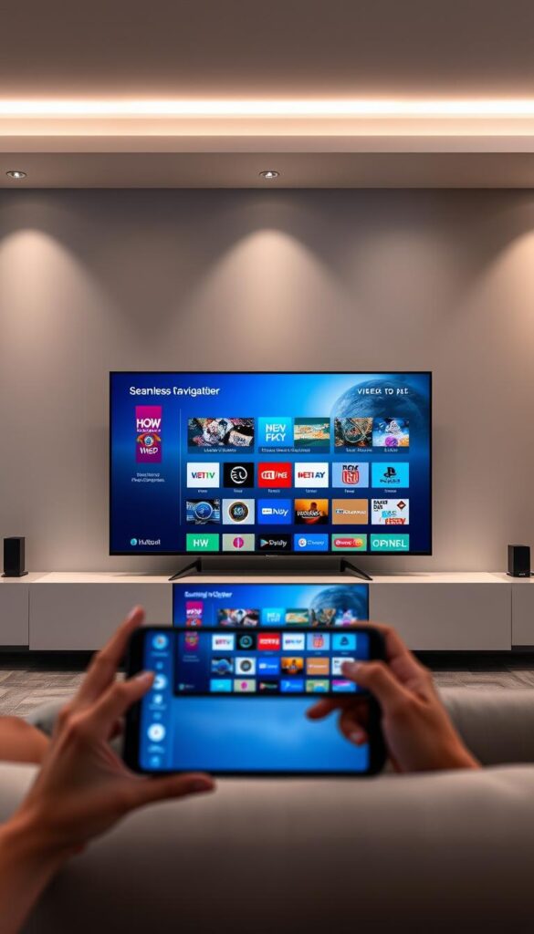 A sleek and modern IPTV service interface, showcasing the Hoxtoon Provider brand. In the foreground, a stylish smart TV displaying a seamless, responsive UI with intuitive navigation, high-quality video streams, and a wide selection of live channels and on-demand content. In the middle ground, a tablet or smartphone mirroring the TV screen, highlighting the cross-device compatibility. The background features a sophisticated, minimalist setting with subtle lighting and clean lines, conveying a sense of reliability and professionalism. The overall scene exudes a sophisticated, tech-savvy atmosphere that instills confidence in the IPTV service.