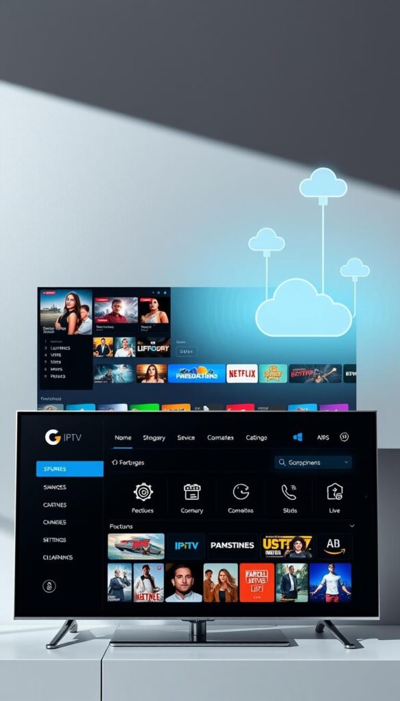 A sleek and modern IPTV service interface, showcasing the essential features of the Hoxtoon Provider platform. In the foreground, a clean dashboard displays live channel listings, video-on-demand selections, and personalized recommendations. The middle ground features intuitive navigation menus, allowing users to effortlessly browse content by category, search for specific titles, and manage their account settings. The background subtly depicts the underlying technology, with stylized cloud icons and signal waves hinting at the robust streaming infrastructure powering the service. Soft, directional lighting creates a sense of sophistication, while the overall composition conveys a seamless, user-friendly experience for the discerning IPTV subscriber.