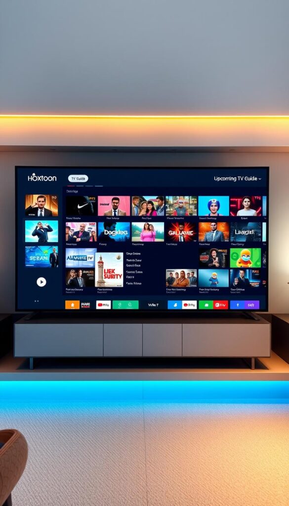 A sleek and modern IPTV service interface with a prominent TV guide. The display showcases a Hoxtoon Provider logo in the top left corner, surrounded by a clean, minimalist design. The main panel features a grid-like layout with various TV channel thumbnails, highlighting the breadth of content available. In the center, a large TV guide section dominates, presenting upcoming show titles, descriptions, and air times in a clear and organized manner. The overall scene has a warm, inviting tone, with subtle lighting and soft shadows that create depth and dimensionality. The layout is intuitive and user-friendly, conveying the ease of navigating and maximizing the IPTV experience.