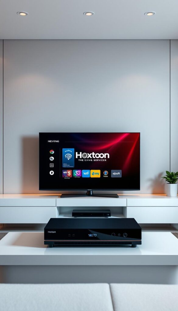A sleek and modern IPTV service provider setup, showcasing the Hoxtoon Provider brand prominently. The scene depicts a sophisticated home entertainment system, with a high-end TV display taking center stage. The device has a minimalist, yet premium design, complemented by a seamless user interface on the screen. The background features a clean, modern living room setting with subtle lighting, lending an air of luxury and sophistication. The overall composition conveys the reliable and high-quality nature of the Hoxtoon IPTV service, making it an appealing choice for discerning users.