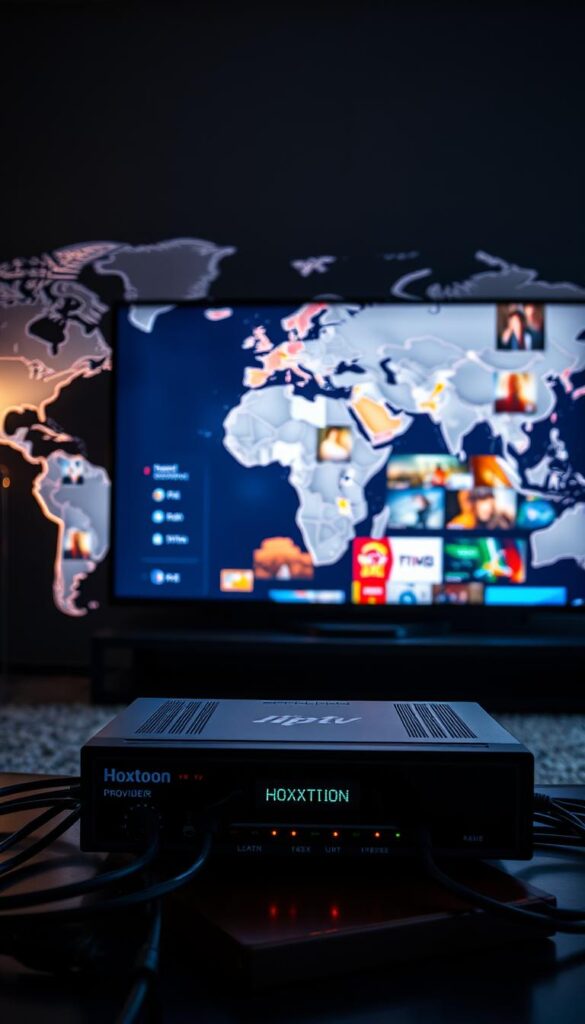 A sleek and modern IPTV setup against a backdrop of a stylized world map, conveying the global reach of international viewing. In the foreground, a high-end Hoxtoon Provider device sits prominently, its LED indicators glowing softly. Surrounding it, various cables and connectors symbolize the technology's interconnectivity. The middle ground features a large display screen showcasing a diverse array of international content, casting a warm glow across the scene. In the background, the world map appears to be illuminated, emphasizing the global accessibility of the IPTV service. The overall lighting is soft and slightly moody, creating an atmosphere of sophistication and advanced technology.
