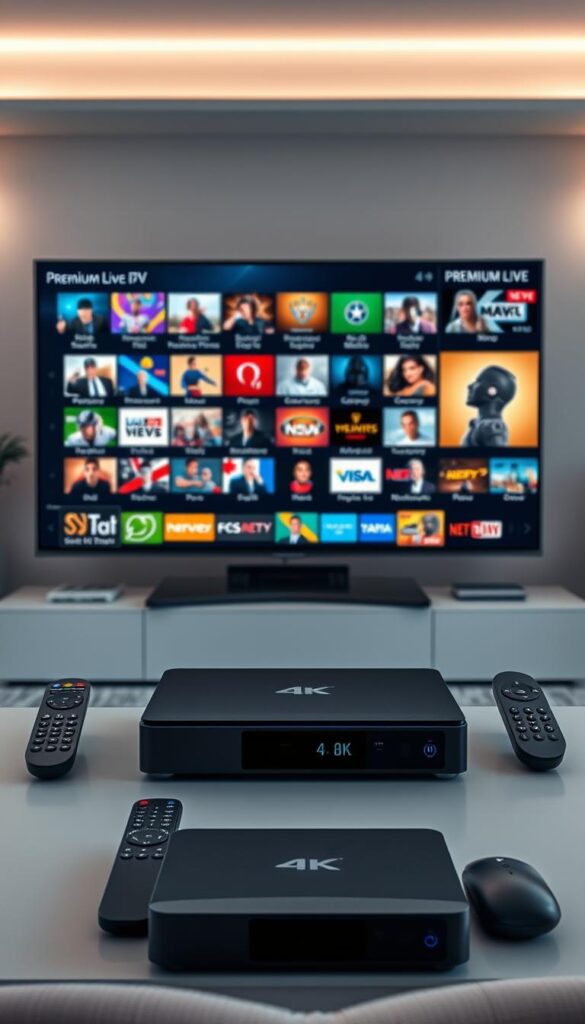 A sleek and modern IPTV setup showcasing the advanced features of the Hoxtoon Provider platform. In the foreground, a high-end 4K smart TV displays a diverse array of premium live channels, from sports and movies to news and entertainment. The middle ground features a sophisticated IPTV box with a clean, intuitive interface, surrounded by various remote controls and IoT devices seamlessly integrated into the Hoxtoon ecosystem. The background depicts a stylish, minimalist home entertainment space, with subtle ambient lighting and elegant decor conveying a sense of luxury and premium quality. The overall scene exudes a sophisticated, technology-forward aesthetic that highlights the power and versatility of the Hoxtoon Provider IPTV service.