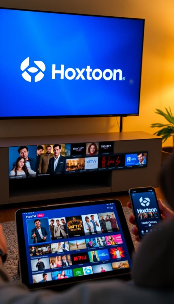 A sleek and modern IPTV streaming service interface displayed on multiple devices, including a smart TV, tablet, and smartphone. The Hoxtoon Provider logo prominently featured, conveying a premium and reliable service. The interface showcases a diverse on-demand video library, intuitive navigation, and seamless multi-device compatibility, allowing users to stream content simultaneously on 6 or more devices. The scene is illuminated by soft, warm lighting, creating a comfortable and inviting atmosphere for the viewer. The overall composition emphasizes the versatility and user-friendly nature of the Hoxtoon Provider IPTV service.