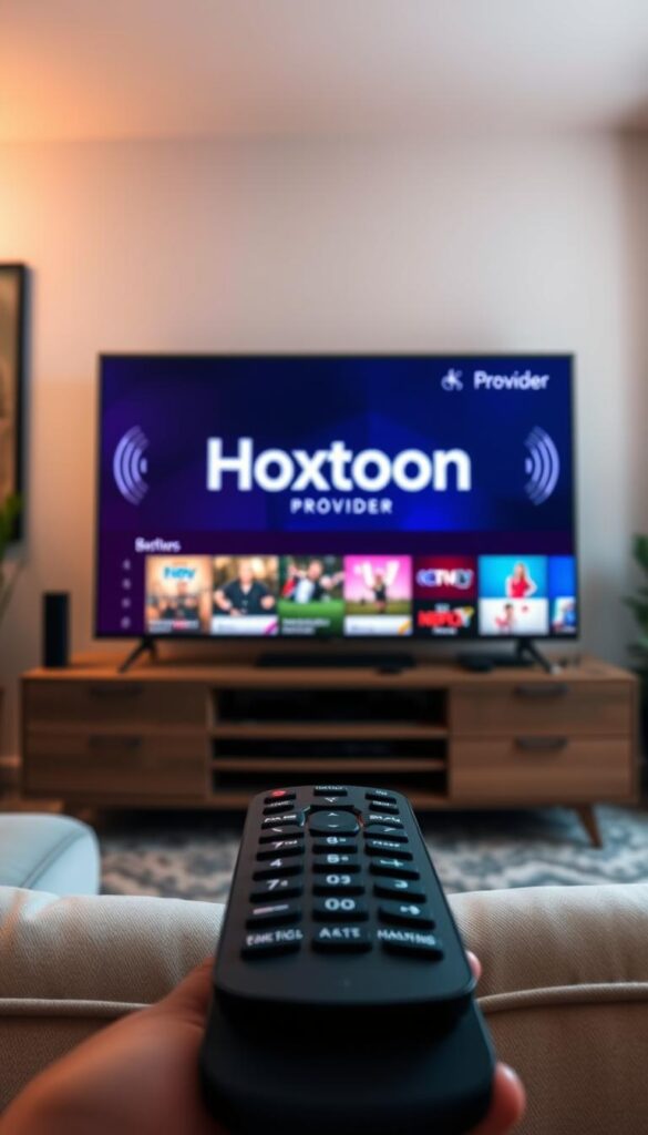 A sleek and modern IPTV streaming service interface, showcasing the Hoxtoon Provider brand prominently displayed on a large flat-screen TV. The room is bathed in warm, natural lighting, creating a cozy and inviting atmosphere. In the foreground, a user-friendly remote control is visible, highlighting the ease of navigation. The middle ground features a clean and intuitive on-screen menu, showcasing a variety of content options. In the background, subtle digital elements, such as signal waves or streaming icons, subtly accentuate the technological nature of the service. The overall scene conveys the seamless and immersive experience of the Hoxtoon IPTV streaming platform.