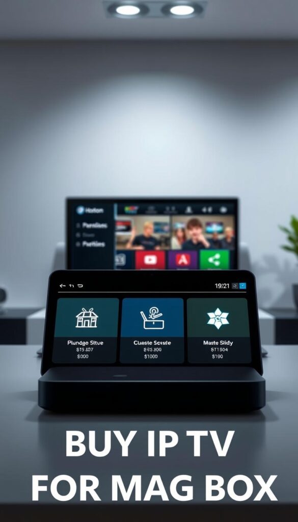 A sleek and modern IPTV subscription display showcasing the options from the Hoxtoon Provider. In the foreground, a stylized grid layout highlights different IPTV service tiers, each with its own distinct icon and pricing information. The middle ground features a laptop or tablet device, its screen displaying the Hoxtoon Provider's user-friendly interface, emphasizing the ease of setup and access. The background is a minimalist, well-lit workspace, conveying a professional and trustworthy atmosphere. Subtle highlights and shadows accentuate the premium feel of the IPTV subscription offerings. The overall composition is clean, visually appealing, and optimized to showcase the Hoxtoon Provider's IPTV services for use in the "Buy IPTV for MAG Box" article.