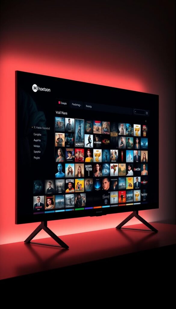 A sleek and modern IPTV subscription interface, showcasing Hoxtoon Provider's massive video-on-demand (VOD) library. The screen displays a grid of high-quality movie and TV show thumbnails, with a clean and intuitive navigation menu. The background features a stylish gradient, creating a premium and immersive atmosphere. Subtle lighting and camera angles highlight the depth and breadth of the VOD content, drawing the viewer's attention to the sheer scale of Hoxtoon's offering. The overall design conveys a sense of professionalism, reliability, and a premium streaming experience.