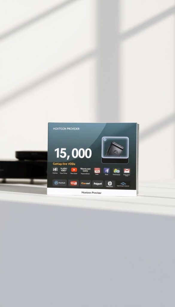 A sleek and modern IPTV subscription package presented on a minimalist, light-colored surface. The package is showcased in the foreground, with a clean and organized layout highlighting key features like "150,000+ VODs" and "Hoxtoon Provider" branding. The background is softly blurred, creating a sense of focus on the package details. The lighting is natural and diffused, casting subtle shadows that accentuate the package's design elements. The overall mood is one of simplicity, quality, and accessibility, reflecting the "on-demand entertainment" concept.