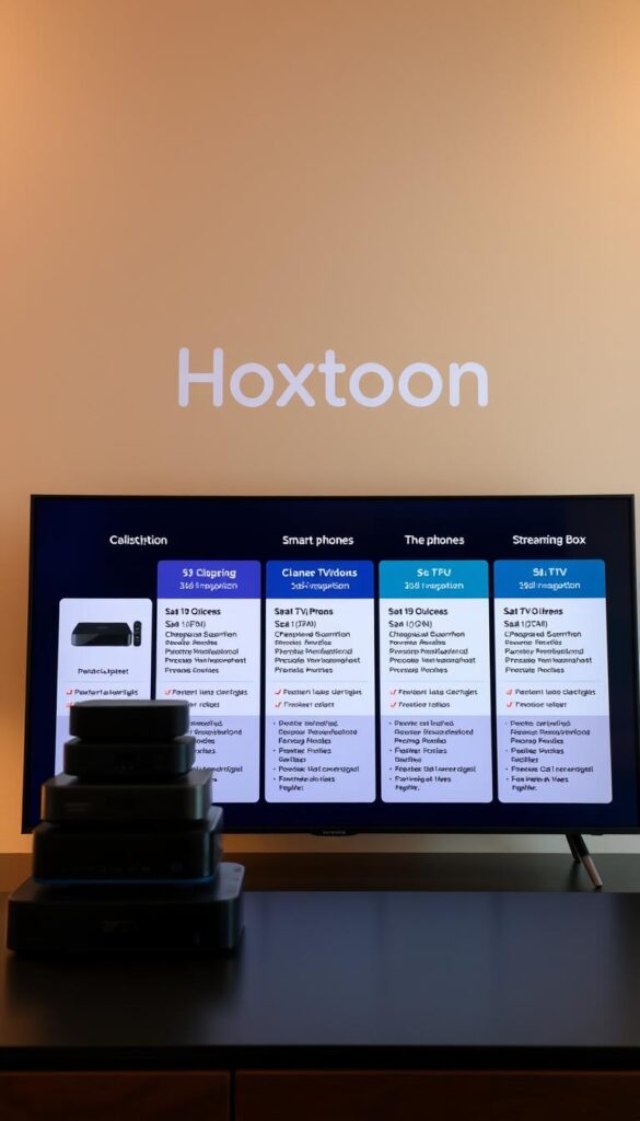 A sleek and modern IPTV subscription packages display, showcasing the Hoxtoon Provider's various offerings. In the foreground, a stack of stylized device icons representing compatibility with smart TVs, phones, and streaming boxes. In the middle ground, a series of card-like panels detailing the Hoxtoon IPTV subscription plans, including channel counts, pricing, and feature highlights. The background features a subtle pattern or texture, lending a professional and premium feel. Warm lighting casts a soft glow, creating a clean and inviting atmosphere. The overall composition emphasizes the Hoxtoon brand, conveying reliability, value, and a comprehensive IPTV solution for expat viewers.