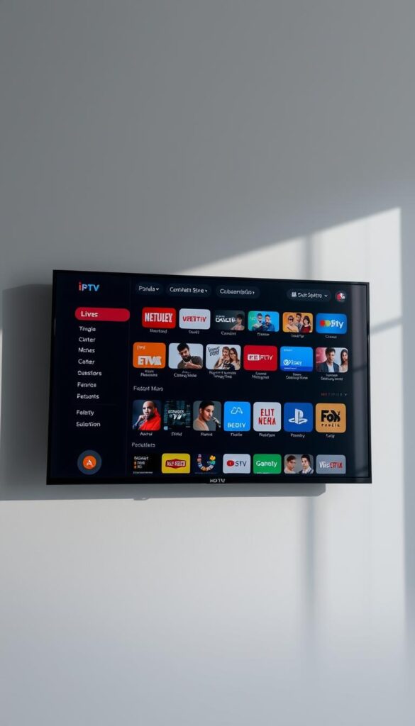 A sleek and modern IPTV subscription service interface, showcasing the Hoxtoon Provider brand prominently. The screen displays a clean, intuitive dashboard with a range of popular live TV channels, on-demand content, and subscription management options. The interface has a sophisticated, minimalist design with a dark color scheme, crisp typography, and subtle branding elements. The overall impression is one of a high-quality, reliable IPTV service that offers a seamless, user-friendly experience. The scene is illuminated by soft, directional lighting, creating depth and highlighting the key features of the interface.