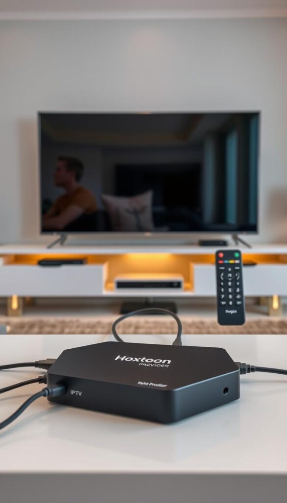A sleek and modern IPTV technology setup. In the foreground, a minimalist black set-top box with the "Hoxtoon Provider" logo prominently displayed. Cables neatly organized, connecting the box to a large, high-definition flat-screen TV. The middle ground features a wireless remote control, showcasing the intuitive user interface. In the background, a stylish entertainment center with clean lines and subtle accent lighting, creating a warm and inviting atmosphere. The scene conveys the seamless integration of IPTV technology into a contemporary living space, highlighting its benefits of convenience, accessibility, and premium visual quality.