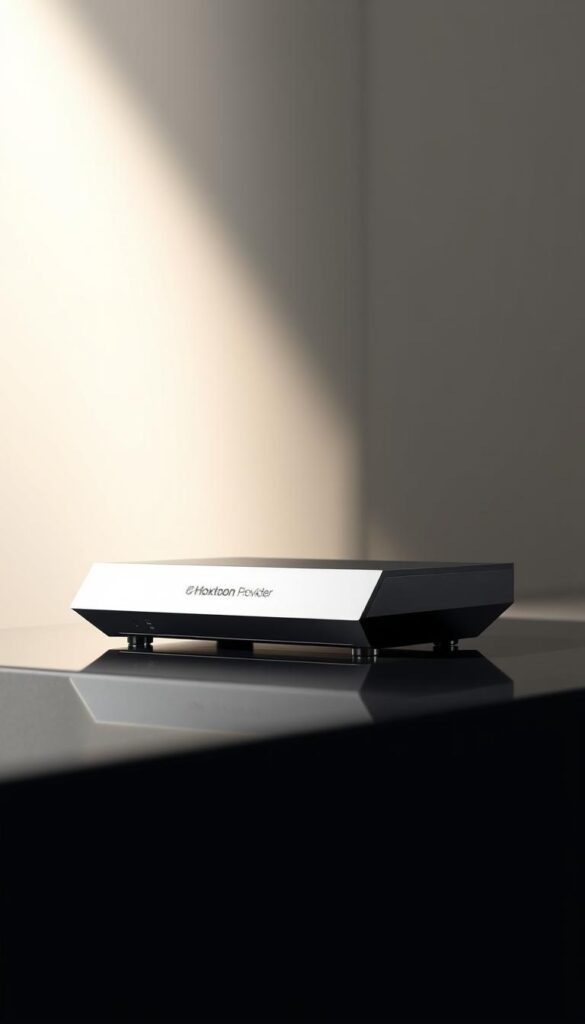 A sleek and modern IPTV4K device with the Hoxtoon Provider logo prominently displayed on the front panel. The device is silver-gray in color, with a clean, minimalist design and sharp edges. It sits atop a glossy black surface, creating a stylish, high-tech appearance. The background is a soft, blurred gradient, transitioning from a warm white to a cool gray, conveying a sense of sophistication and technological advancement. The lighting is directional, creating subtle shadows and highlights that accentuate the device's form. The overall mood is one of premium quality, reliability, and cutting-edge performance, befitting the leading IPTV4K provider in the USA.