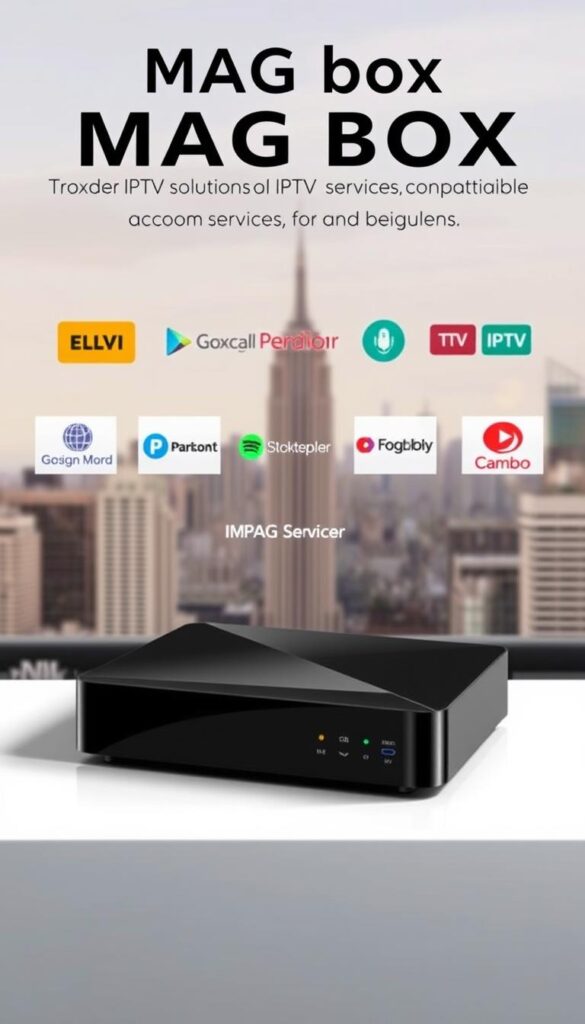 A sleek and modern MAG box sits prominently in the foreground, surrounded by a variety of IPTV service icons and logos. The box is displayed on a clean, minimalist surface, with subtle shadows and highlights that give it a three-dimensional appearance. In the middle ground, various IPTV service options are depicted, including the Hoxtoon Provider brand, showcasing their compatible services and features. The background features a soft, blurred cityscape, suggesting the versatility and accessibility of these IPTV services across different environments. The overall mood is one of professionalism, technology, and a curated selection of top-tier IPTV solutions for the MAG box user.