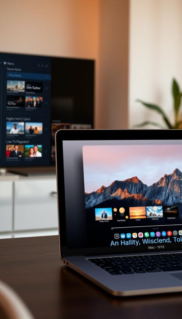 A sleek and modern Mac desktop interface, showcasing the intuitive user experience of the Hoxtoon Provider IPTV player. The foreground displays the player's main menu, highlighting its key features like channel browsing, on-demand content, and live TV playback. The middle ground features a large video window playing high-quality IPTV streams, showcasing the player's visual fidelity. The background subtly depicts a cozy home setting, conveying the comfort and convenience of using the Hoxtoon Provider IPTV player on a Mac. Soft, warm lighting and a minimalist, elegant design language create a welcoming and inviting atmosphere.