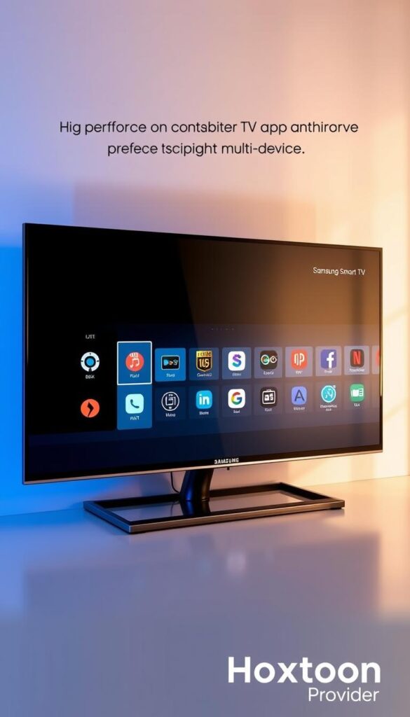 A sleek and modern Samsung Smart TV displaying the Hoxtoon Provider IPTV app interface, showcasing its clean design and intuitive navigation. The TV screen is prominently featured, occupying the central focus of the image, with a subtle and elegant lighting setup that casts a warm glow on the device. The background is minimalist, allowing the TV and app to take center stage, conveying a sense of premium quality and advanced multi-device compatibility. The Hoxtoon Provider logo is discreetly visible, reinforcing the brand's association with the high-performance IPTV experience.