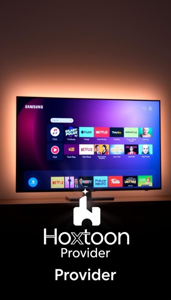 A sleek and modern Samsung Smart TV, its display illuminated by the elegant and intuitive Hoxtoon IPTV app interface. The app's minimalist design features clean lines, vibrant colors, and intuitive navigation, inviting the user to seamlessly explore a vast library of premium content. In the foreground, the Hoxtoon Provider logo shines, a testament to the app's reliability and high-quality streaming experience. The TV's surroundings are softly lit, creating a cozy and immersive atmosphere, perfect for a premium home entertainment setup. The camera angle captures the TV at a slight angle, emphasizing the app's user-friendly layout and the device's premium aesthetics.