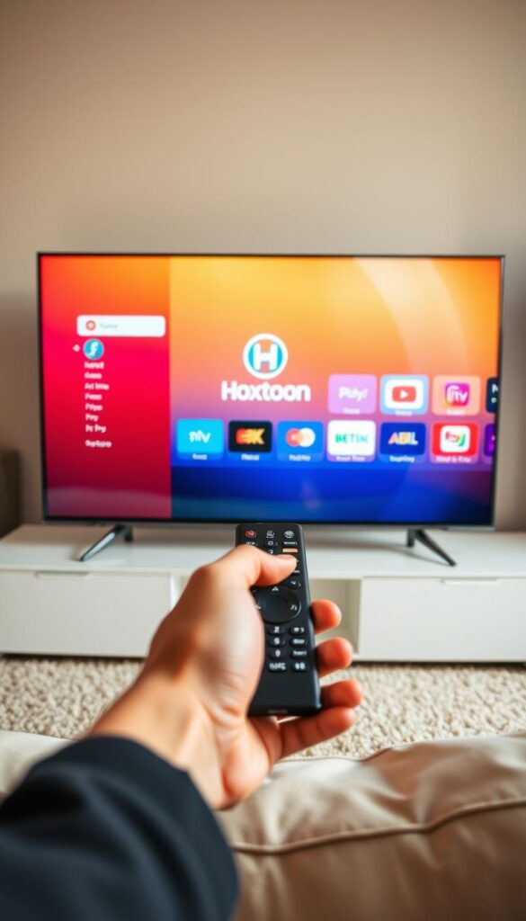 A sleek and modern Samsung TV stands prominently in the foreground, its screen displaying the vibrant and intuitive interface of the Hoxtoon Provider IPTV app. The app's logo and icons are clearly visible, conveying its user-friendly design and comprehensive features. In the middle ground, a hand holds a Samsung TV remote, emphasizing the seamless integration between the device and the IPTV service. The background is softly blurred, creating a sense of focus on the TV and the IPTV app. The lighting is natural and warm, lending a cozy and inviting atmosphere to the scene. The overall composition and attention to detail capture the essence of the "best IPTV app Samsung TV users need in 2023."