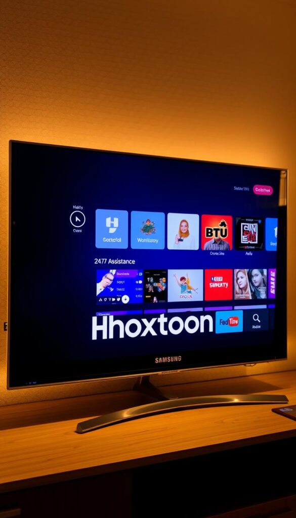 A sleek and modern Samsung smart TV display, showcasing the Hoxtoon Provider IPTV app interface. The screen is bathed in a warm, ambient lighting, creating a cozy and inviting atmosphere. In the foreground, the Hoxtoon logo is prominently displayed, indicating the app's branding and identity. The middle ground features a clean and intuitive user interface, with various content categories and options neatly organized. In the background, a subtle pattern or texture adds depth and visual interest to the scene. The overall composition conveys a sense of professionalism, reliability, and customer-centric design, reflecting the 24/7 assistance promised in the section title.