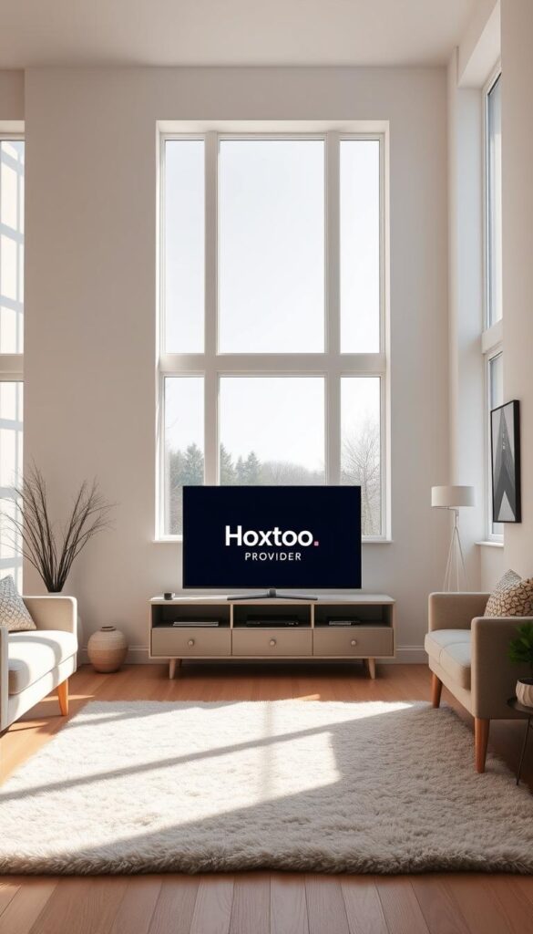 A sleek and modern Scandinavian interior, with minimalist furniture and clean lines. The room is filled with natural light streaming through large windows, casting a warm, cozy glow. In the center, a minimalist TV stand displays the "Hoxtoon Provider" logo, showcasing the advanced IPTV technology. The walls are adorned with Scandinavian-inspired artwork, and a plush, neutral-toned rug completes the serene, harmonious atmosphere. The scene exudes a sense of sophisticated simplicity, reflecting the high-quality, user-friendly Scandinavian IPTV services offered by Hoxtoon Provider.