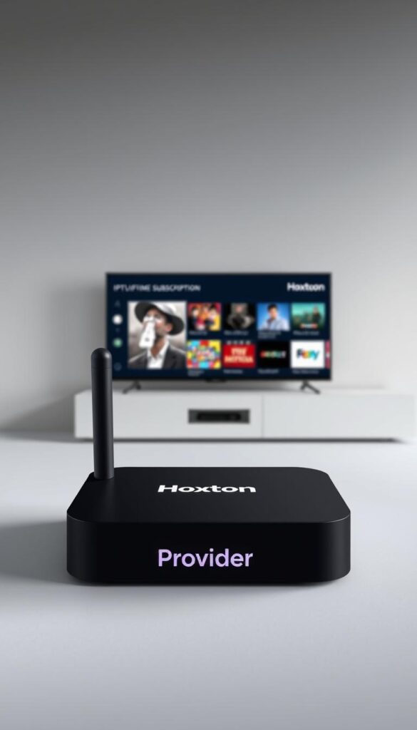 A sleek and modern android TV box with a prominent "Hoxtoon Provider" logo displayed prominently on the device. The box is set against a minimalist, well-lit backdrop, showcasing its clean design and premium build quality. The screen displays a vibrant, high-definition IPTV interface, highlighting the seamless integration of the Hoxtoon lifetime subscription service. The overall scene conveys a sense of technological sophistication and reliability, positioning the Hoxtoon android TV box as a top-of-the-line option for IPTV enthusiasts.