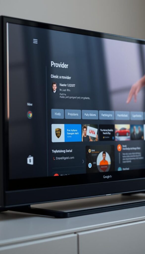 A sleek and modern android TV interface showcasing the Hoxtoon Provider app, displayed on a Google TV device. The app's UI is clean and intuitive, with user reviews and testimonials prominently featured. The screen is well-lit, with a soft, warm glow highlighting the app's key features. The device is positioned at a slight angle, creating a sense of depth and dynamism. The background is blurred, keeping the focus on the app's user experience. The overall impression is one of a reliable and user-friendly IPTV solution for Google TV.