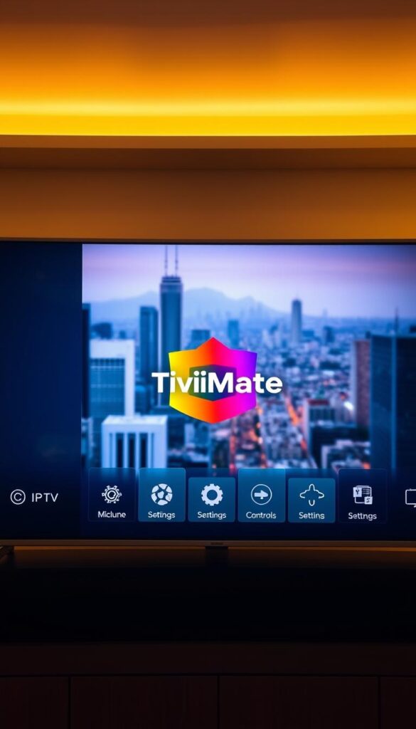 A sleek and modern android TV interface showcasing the premium TiviMate IPTV player app. In the center, the TiviMate logo stands out with a vibrant, gradient-based design. Around it, a selection of on-screen controls and settings panels are neatly arranged, hinting at the app's robust functionality. The background features a subtle, out-of-focus cityscape, conveying a sense of urban connectivity. Warm lighting creates a cozy, inviting atmosphere, while a high-quality camera lens ensures crisp, detailed visuals. The overall composition promotes TiviMate as a sophisticated, user-friendly IPTV solution for android TV devices.