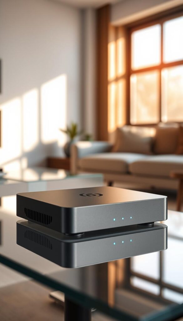 A sleek and modern android tv box iptv player by Hoxtoon Provider, sitting prominently on a minimalist glass or wooden table. The device has a stylish, rectangular shape with a matte black or dark grey finish, complemented by subtle LED indicator lights. The background is a softly blurred, modern living room setting with neutral tones and natural lighting filtering in through large windows, creating a warm and inviting atmosphere. The camera angle is slightly elevated, showcasing the device's clean lines and premium aesthetics, hinting at the advanced features that enhance the user's viewing experience.