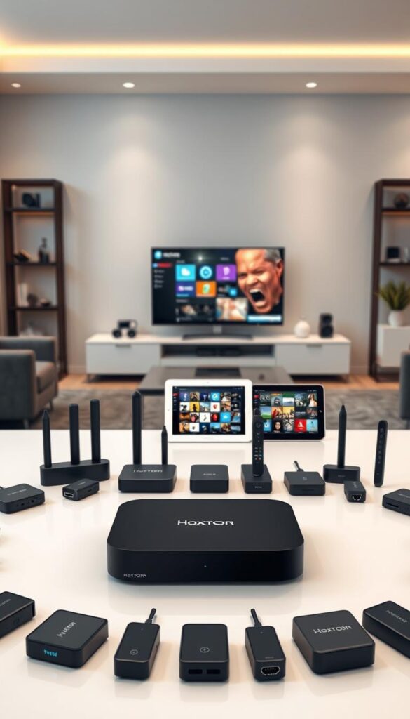 A sleek and modern arrangement of various IPTV devices, showcasing the multi-device support capabilities. In the foreground, a Hoxtoon Provider set-top box takes center stage, its clean lines and subtle branding complementing the minimalist aesthetic. Surrounding it, an array of streaming devices and dongles, each poised to enable seamless access to a world of international channels. The middle ground features a tablet and smartphone, their screens displaying vibrant content, hinting at the versatility of the IPTV setup. In the background, a sophisticated home entertainment system, with a large flat-screen TV and a stylish, well-organized media console, creates an inviting and tech-savvy environment. Soft, diffused lighting casts a warm glow, emphasizing the premium quality and user-friendly nature of the IPTV ecosystem.