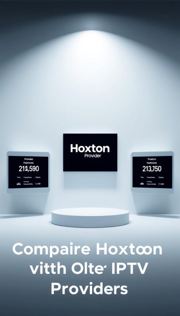 A sleek and modern comparison of leading IPTV providers, showcasing the Hoxtoon Provider against its competitors. The scene depicts three floating display panels, each showcasing the features and pricing of a different IPTV service. The Hoxtoon Provider panel stands prominently in the center, surrounded by a clean, minimalist design with subtle gray and blue tones. The other panels are arranged in a balanced, symmetrical layout, allowing the viewer to easily compare the offerings. The lighting is soft and diffused, creating a professional, high-tech atmosphere. The camera angle is slightly elevated, giving a sense of authority and expertise. The overall composition is visually striking and informative, perfectly suited to illustrate the "Comparing Hoxtoon with Other IPTV Providers" section of the article.