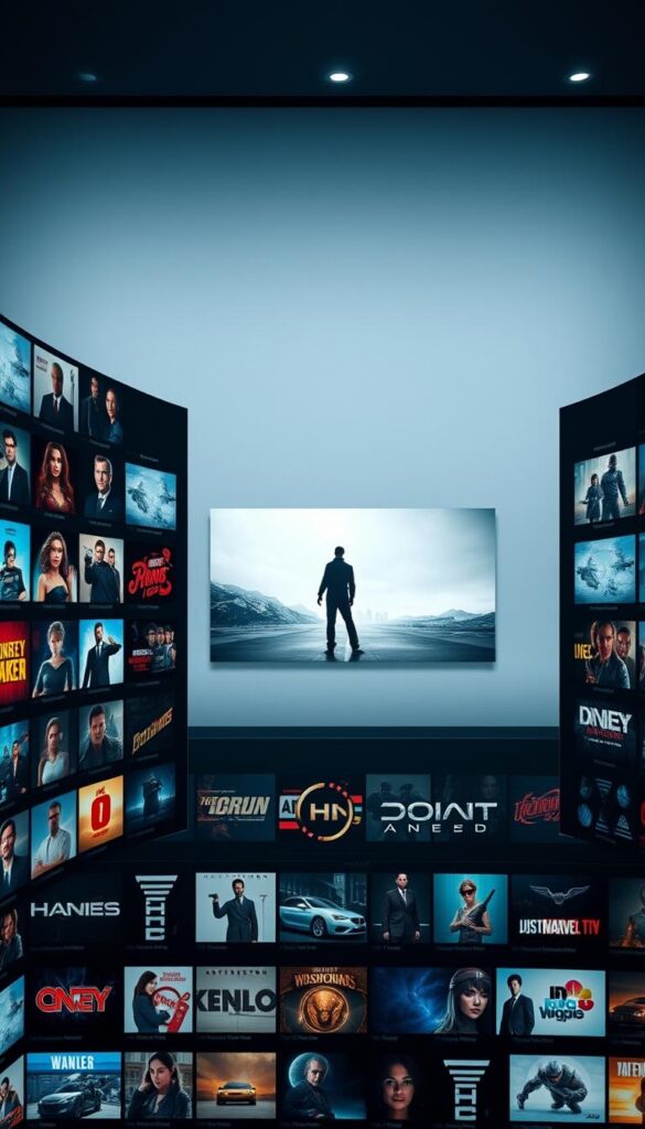 A sleek and modern content library interface showcasing the extensive media offerings of the Hoxtoon IPTV Provider. The foreground features a clean grid layout of various content thumbnails, ranging from movies and TV shows to live channels and on-demand titles. The middle ground depicts a visually striking hero image, perhaps a still from a popular title, occupying a prominent central position. The background subtly conveys a sense of technological sophistication, with a minimalist design and muted tones that complement the overall aesthetic. Crisp lighting and a cinematic camera angle help to create an immersive and inviting user experience, highlighting the breadth and quality of the Hoxtoon content library.