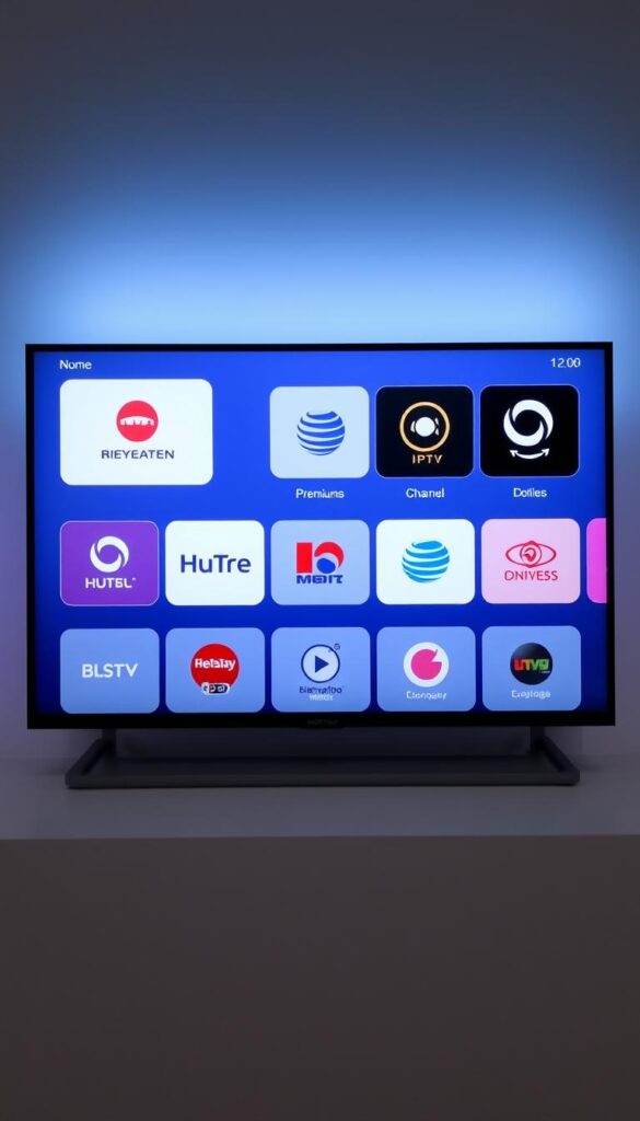 A sleek and modern control panel showcasing the premium IPTV channels offered by the Hoxtoon Provider. The panel features a clean, minimalist design with a grid-like layout of various channel logos and icons, each arranged neatly and illuminated by a soft, ambient lighting. The background is a subtle gradient, creating a sense of depth and sophistication. The overall scene conveys a high-quality, professional, and technologically advanced IPTV service, ready to deliver the best viewing experience for the user.