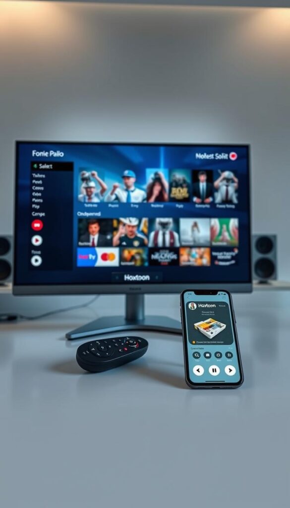 A sleek and modern desktop setup showcasing the best features of a 48-hour IPTV trial from the Hoxtoon Provider. In the foreground, a high-resolution display prominently features a selection of popular live TV channels, on-demand content, and intuitive navigation controls. In the middle ground, a stylized remote control and a smartphone with the Hoxtoon app interface are placed, emphasizing the seamless multi-device experience. The background depicts a minimalist home entertainment setup, with subtle ambient lighting and clean lines, conveying a sense of sophistication and ease of use. The overall scene exudes a professional, yet approachable atmosphere, enticing the viewer to explore the Hoxtoon IPTV trial's features.