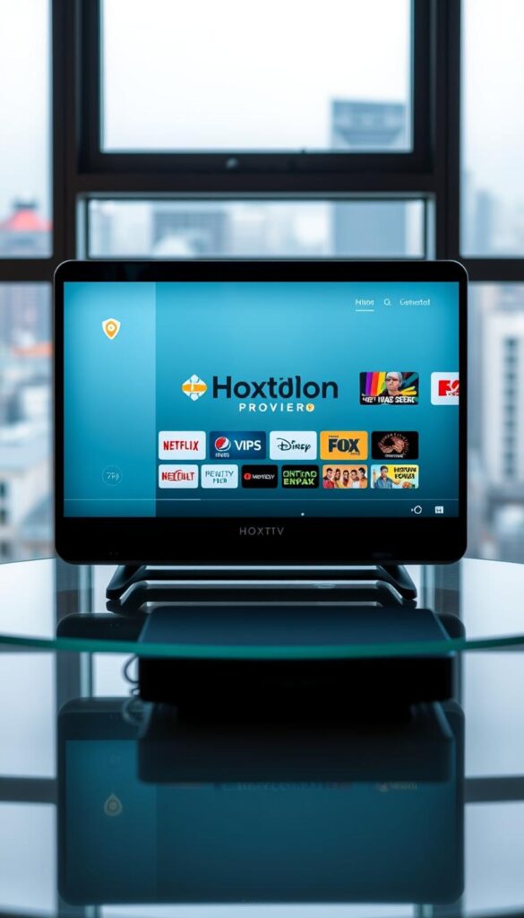 A sleek and modern digital device displaying the Hoxtoon Provider IPTV service interface. The screen shows a clean grid layout of various live TV channels and on-demand content options, with a bold "Hoxtoon Provider" logo prominently featured. The device is positioned on a minimalist, glass-topped table, illuminated by soft, diffused lighting from above, creating a sophisticated and inviting atmosphere. The background is a blurred, out-of-focus cityscape, hinting at the global connectivity and accessibility of the IPTV service.