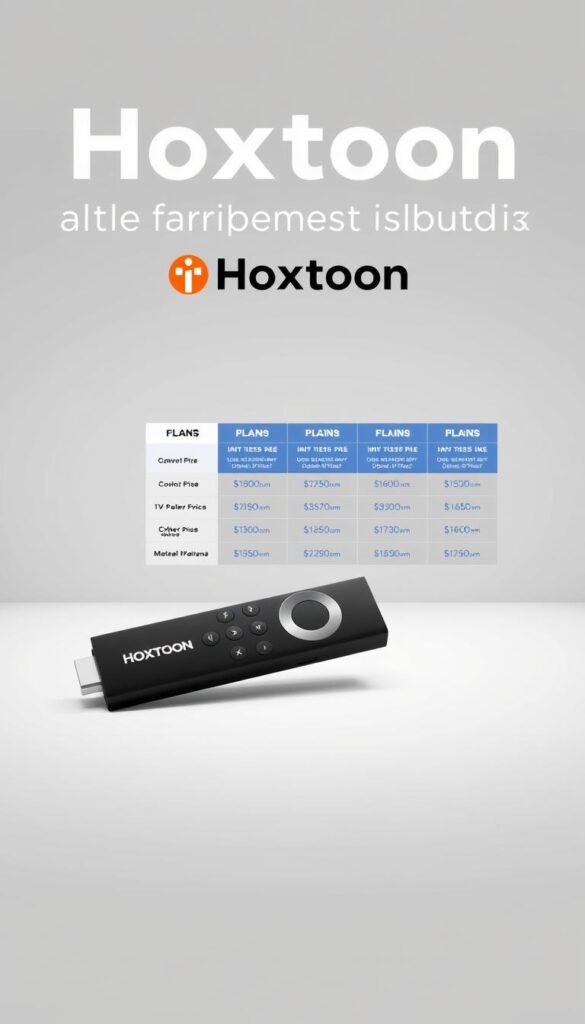 A sleek and modern digital display showcasing the Hoxtoon Provider's affordable IPTV plans for Firestick. The foreground features a Firestick device against a minimalist backdrop, with the Hoxtoon logo prominently displayed. The middle ground presents a grid of plan options, each with clear pricing and feature details. The background has a subtle gradient in calming tones, creating a professional and trustworthy atmosphere. Soft, diffused lighting illuminates the scene, accentuating the clean lines and crisp visuals. The overall composition conveys a sense of accessibility, value, and reliability for the Hoxtoon IPTV service on the Firestick platform.